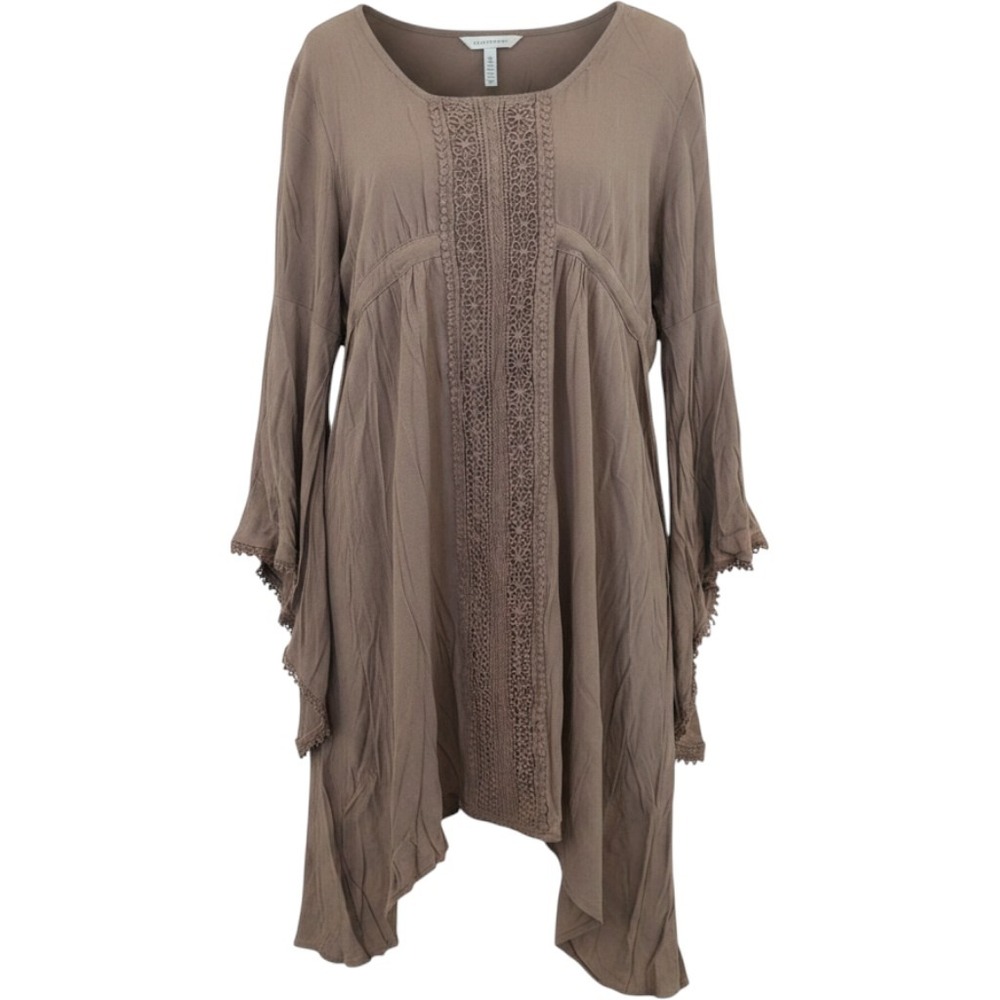 Earthbound Trading Co Boho Lace Bell Sleeve High Low Tunic Dress Taupe Medium